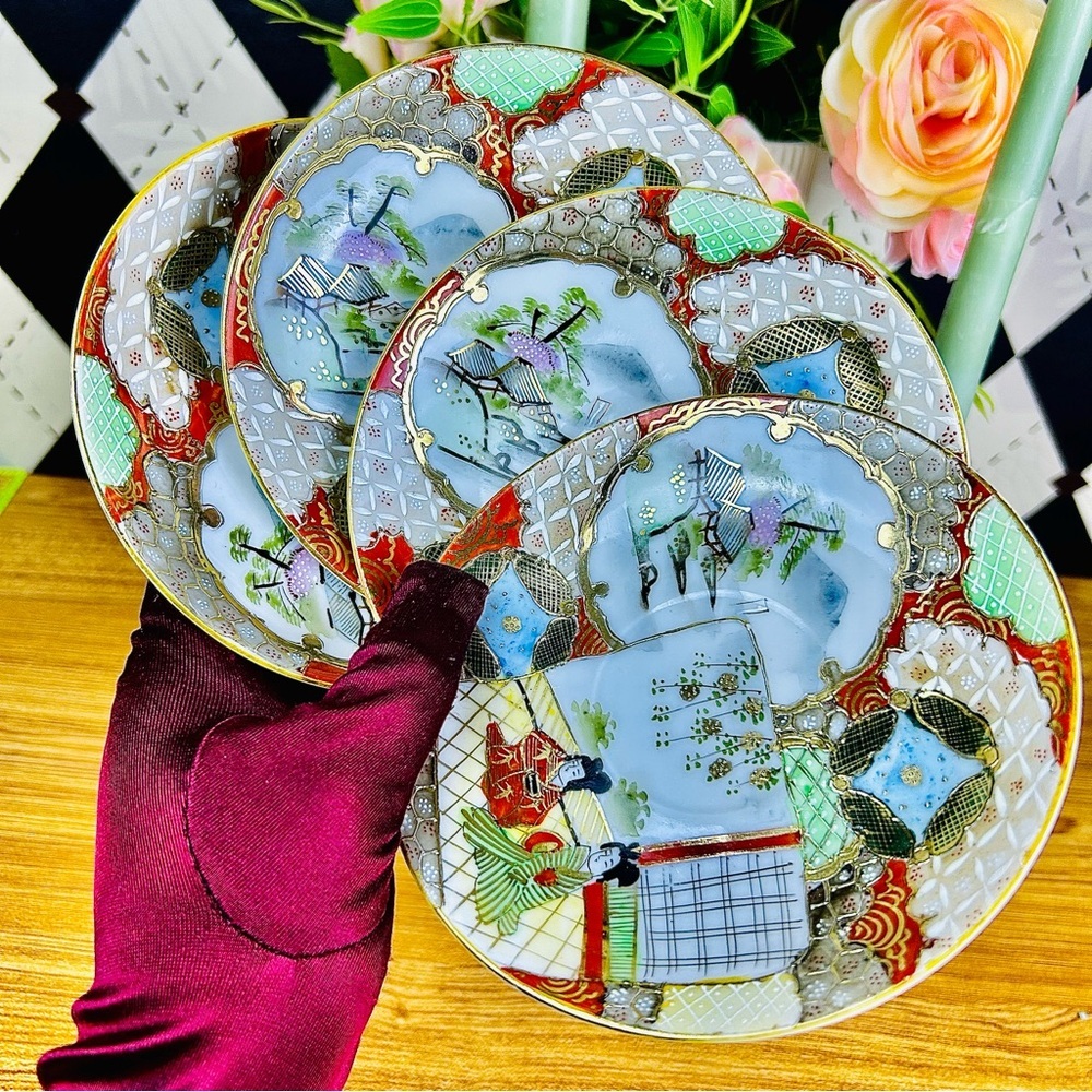 Vintage Nippon Saucers Japanese Porcelain Hand-Painted Gilt Decor Set of 4